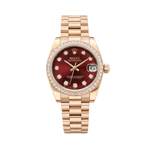 Rolex Datejust Red Dial Diamond Bezel Watch