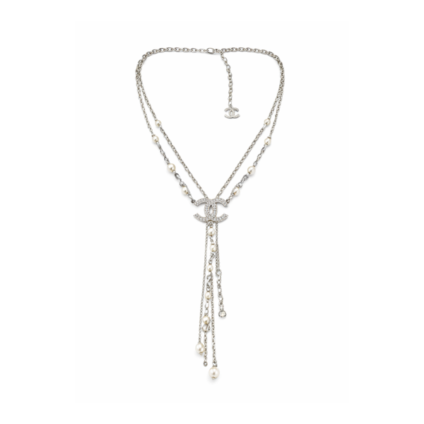 Chanel Cc Logo Interlocking Pearl Chain Lariat Necklace Jewelry
