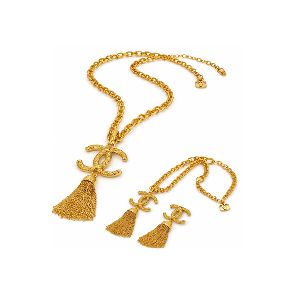 Chanel Textured Cc Tassel Necklace & Earrings Set Jewelry
