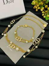 Dior Cd Pearl Layered Necklace Bracelet Set Gold Jewelry premium replica - image 5