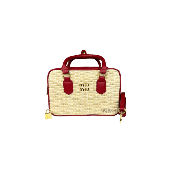 Miu Miu Straw Zip-Up Red Leather Trim Handles Bag