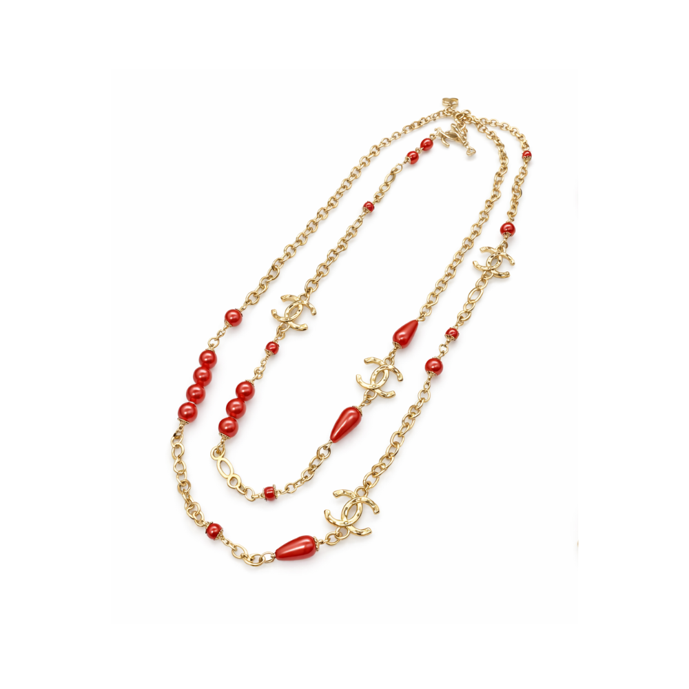 Chanel Logo Red Resin Pearl Crystal Station Necklace Jewelry premium replica - image 1
