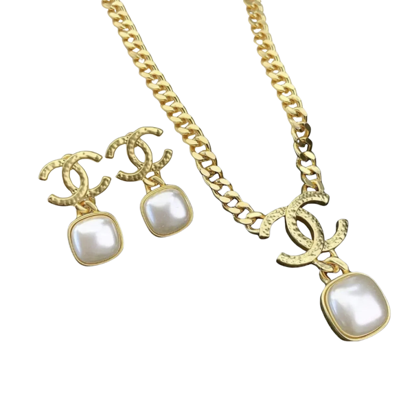 Chanel Hammered Gold Tone Cc Pearl Set Jewelry