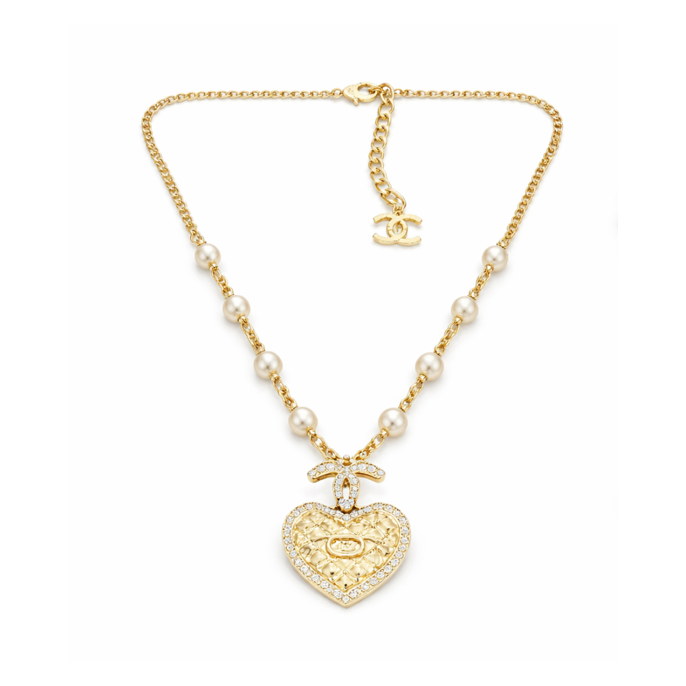 Chanel Quilted Heart Cc Logo Pearl Station Necklace Jewelry premium replica - image 1