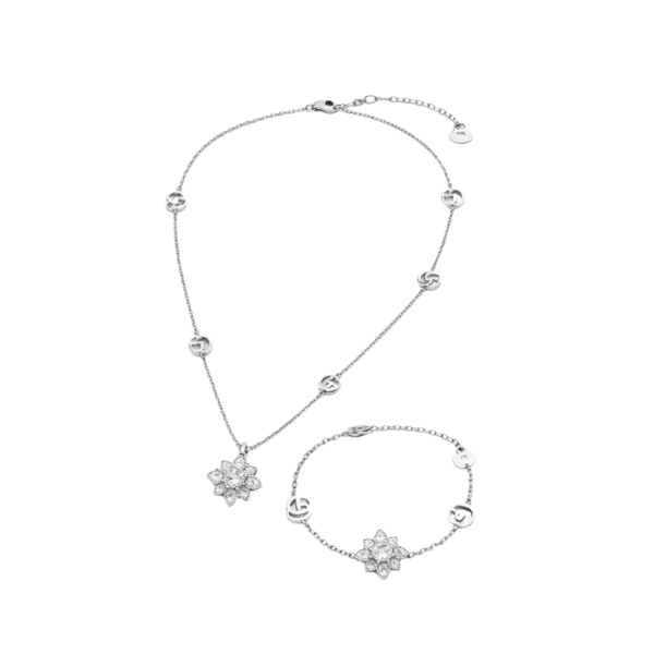 Gucci Gg Flower Crystal Necklace Bracelet Set Silver Jewelry