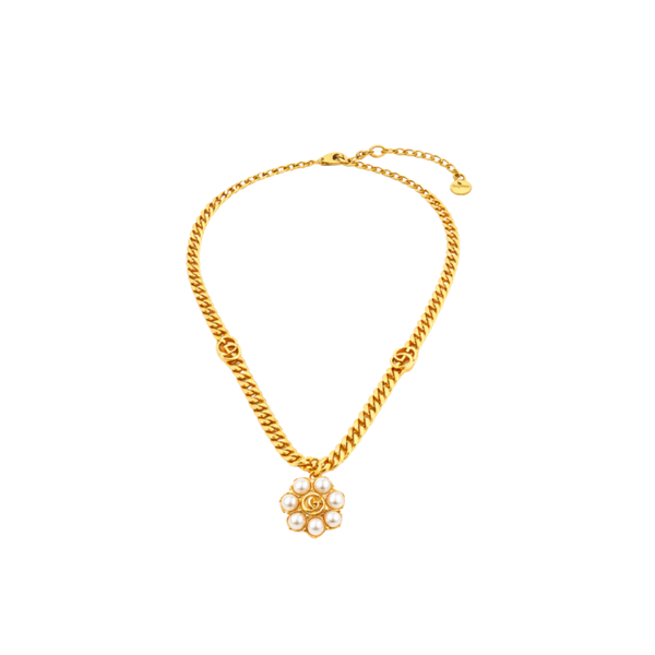 Gucci Gg Pearl Pendant Chain Necklace Gold Jewelry