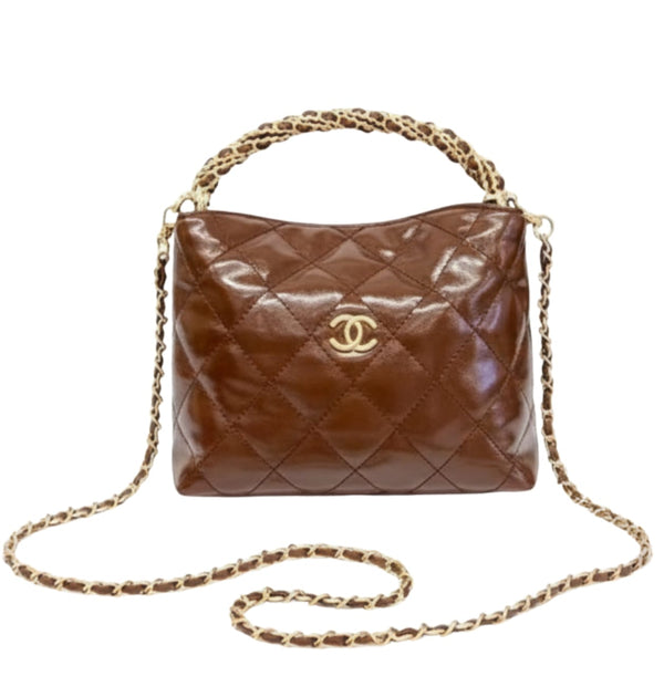 Chanel Quilted Braided Handle Chain Hobo Brown Leather Bag