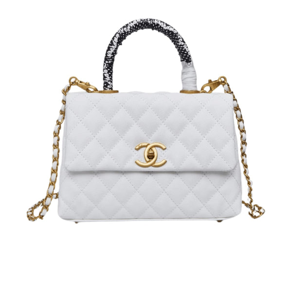 Chanel Small Flap Top Handle Quilted Leather Bag – White