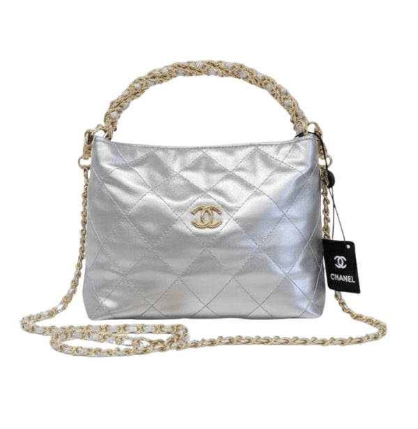 Chanel Metallic Lambskin Chain Rows Quilted Chain Hobo Silver Bag