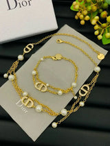 Dior Cd Pearl Layered Necklace Bracelet Set Gold Jewelry premium replica - image 4